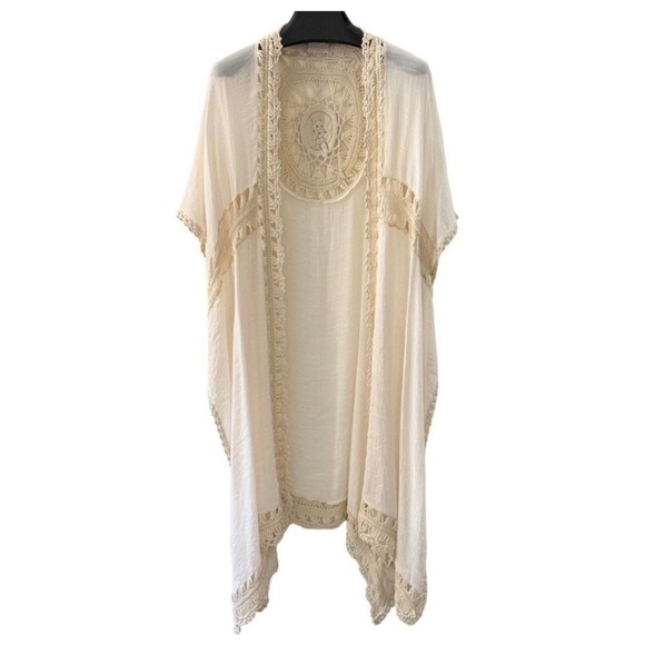Altar’d State Cream Crochet Trim Midi Boho Festival Kimono Kaftan XS Coverup - Picture 5 of 16